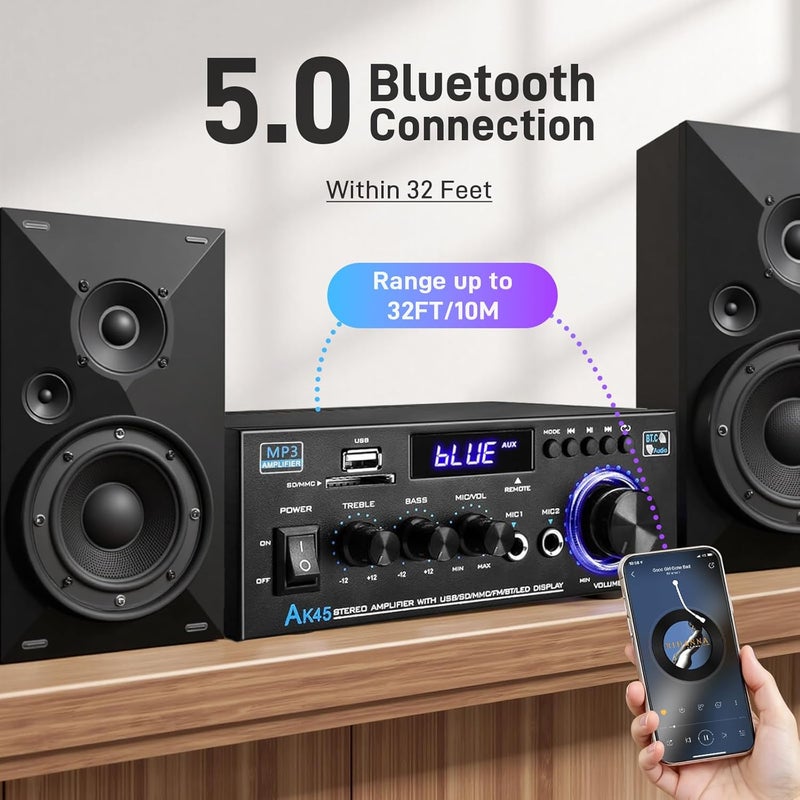 Wtoolfex مضخم صوت منزلي ستيريو AK45 مع مستقبل بلوتوث 5.0، 300 واط + 300 واط مضخم صوت HiFi بلوتوث 2.0 قناة RMS 40 واط × 2 نظام ستيريو منزلي مع جهاز تحكم عن بعد، ميكروفون، USB، RCA، راديو FM - Image 4